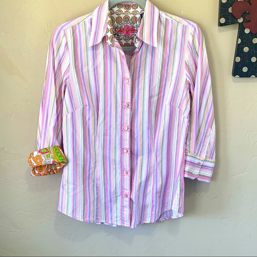 Women’s Striped Robert Graham Button Up Blouse Dress Shirt Sz Small